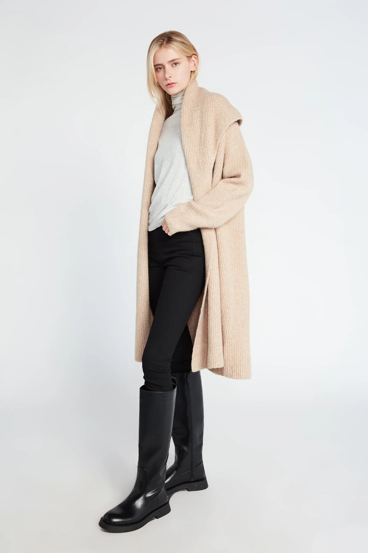 Wide Shawl Collared Cardigan Sand