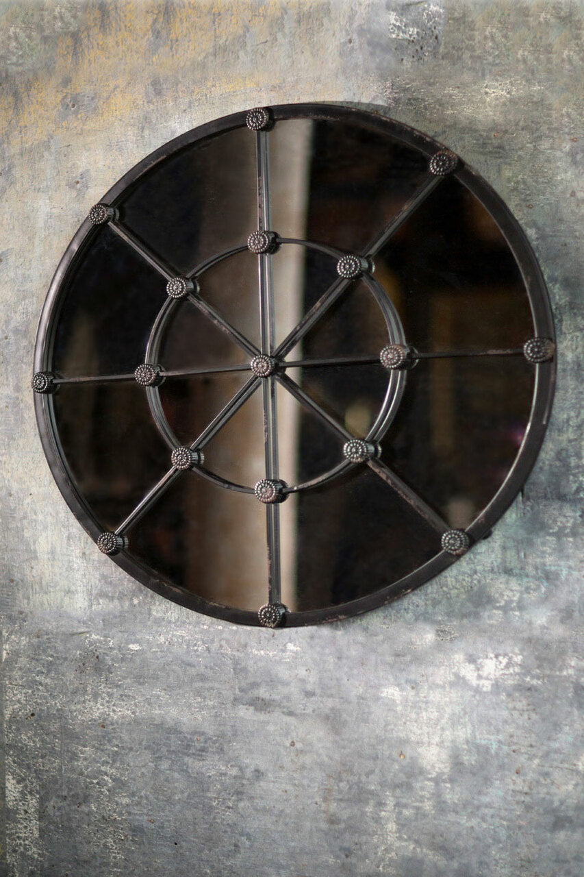 Round Cast Iron Mirror with Rosettes